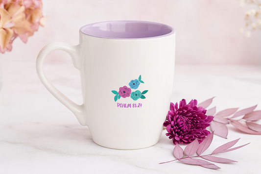 Be Strong and Take Heart Ceramic Mug – 355ml Coffee Cup with Lilac Interior | Psalm 31:24 Christian Gift South Africa