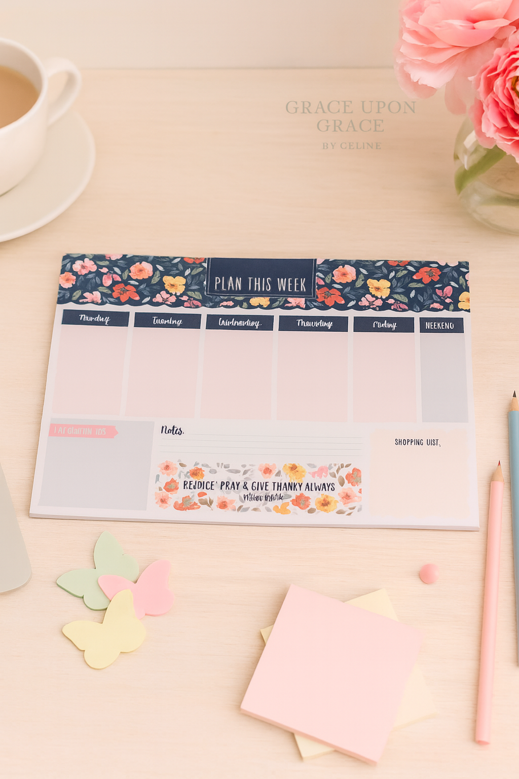 A3 Weekly Desk Planner – Rejoice, Pray & Give Thanks Always | Christian Motivational Planner