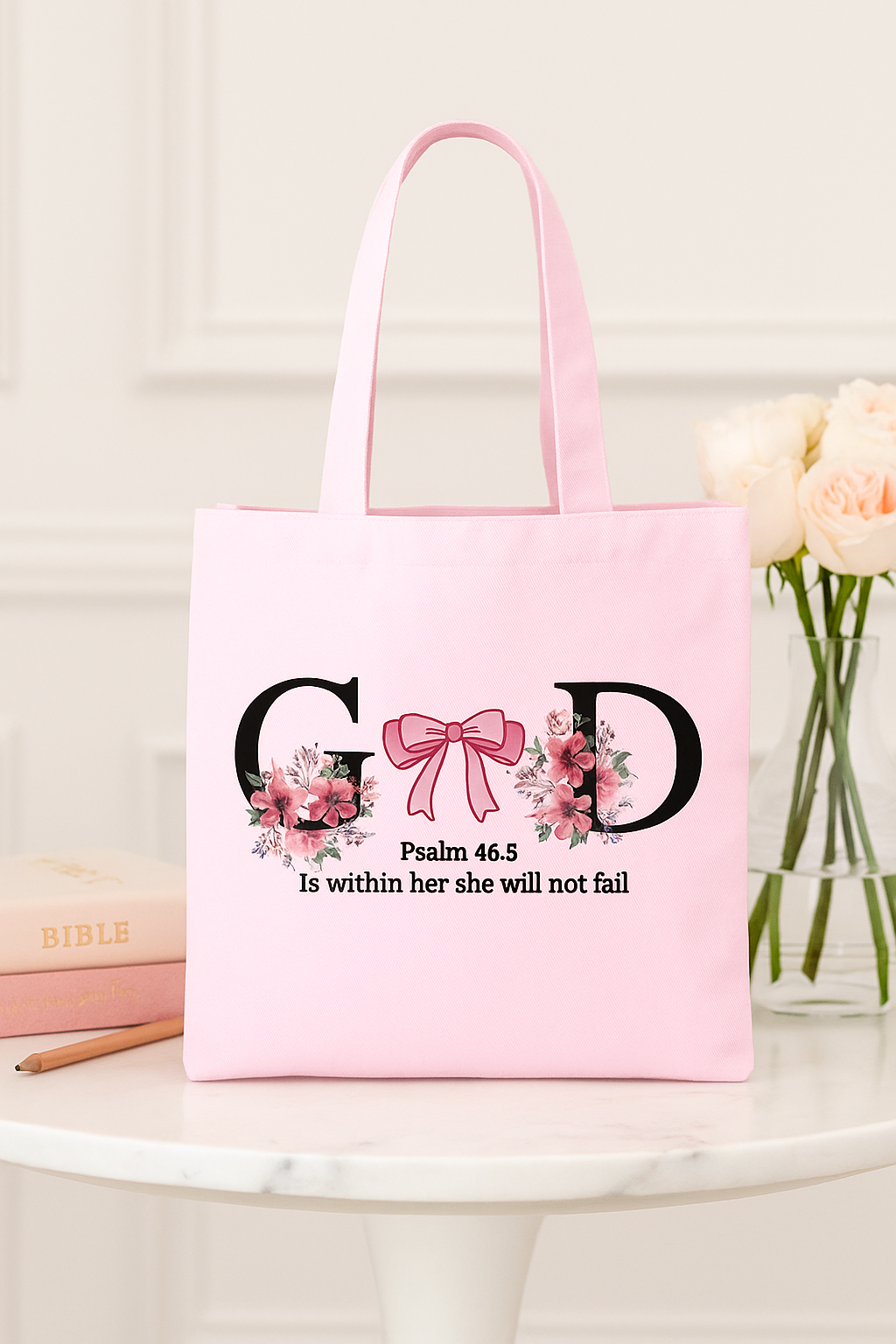 Pink “God Is Within Her” Tote Bag – Psalm 46:5 Scripture Print | Custom Faith Bag