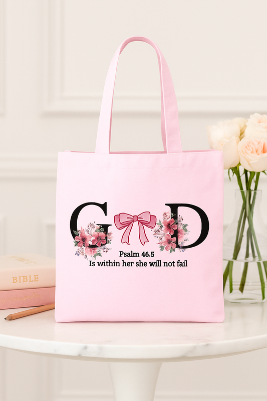 Pink “God Is Within Her” Tote Bag – Psalm 46:5 Scripture Print | Custom Faith Bag