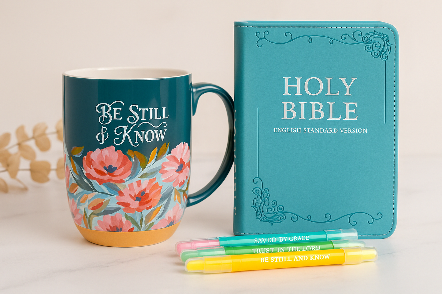 Be Still Bible Study Gift Bundle South Africa – ESV Teal Bible, Floral Mug & Highlighters