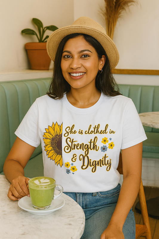 Christian Women’s Sunflower T-Shirt – Proverbs 31:25 Strength & Dignity Tee (South Africa)