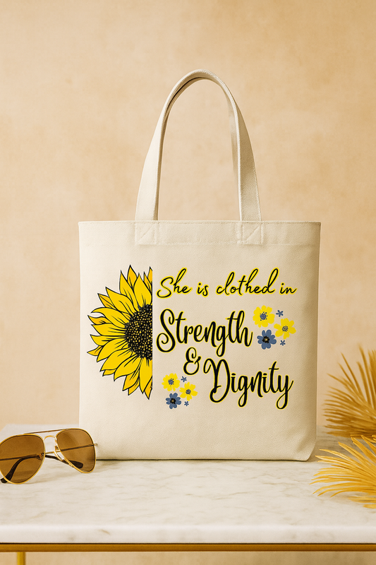 Christian Sunflower Tote Bag – “She Is Clothed in Strength & Dignity” | Grace Upon Grace by Celine South Africa