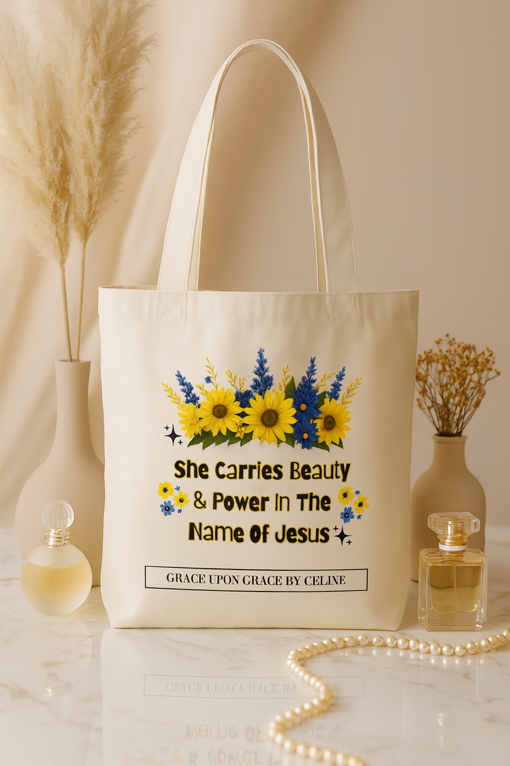 Christian Tote Bag – “She Carries Beauty & Power In The Name of Jesus” | Grace Upon Grace by Celine South Africa
