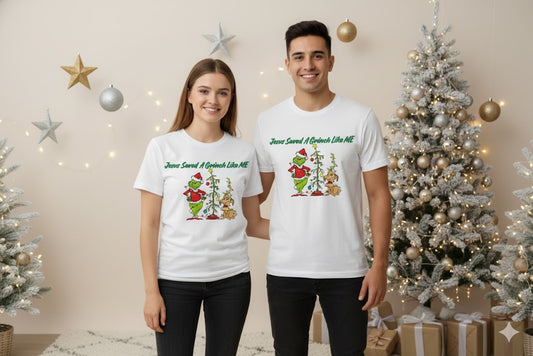 “Jesus Saved a Grinch Like Me Christmas T-Shirt – Soft Poly Spandex Blend | Unisex Men & Women | Festive Christian Tee SA”