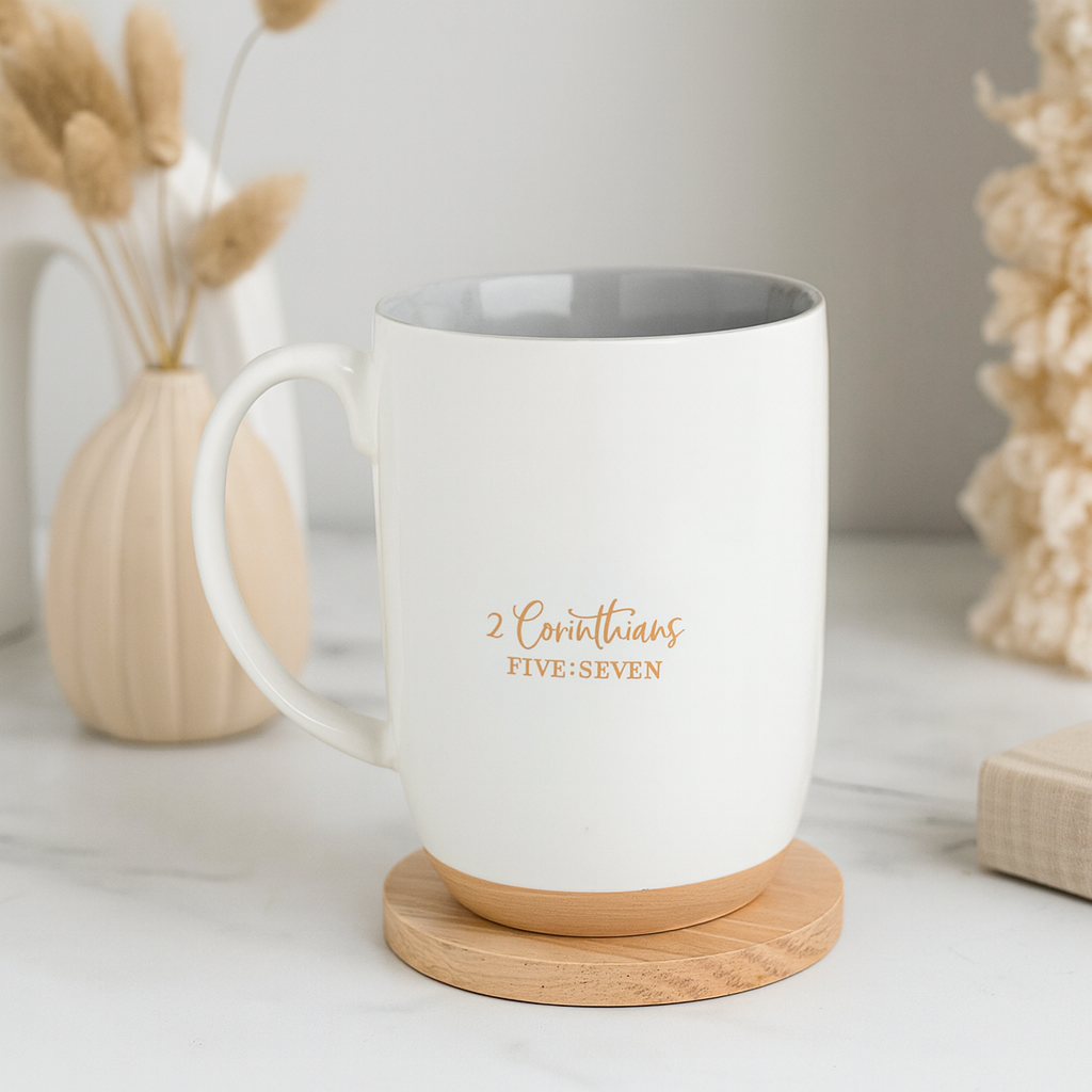 Walk By Faith Not By Sight White Ceramic Mug – 444ml Coffee Cup with Gold Foil | 2 Corinthians 5:7 Gift South Africa