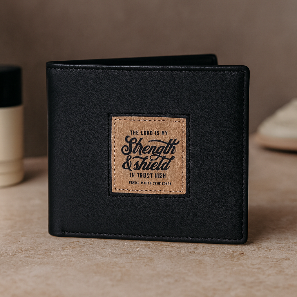 Strength & Shield Genuine Leather Wallet – Men’s Black Bifold with Psalm 28:7 | Christian Gift South Africa