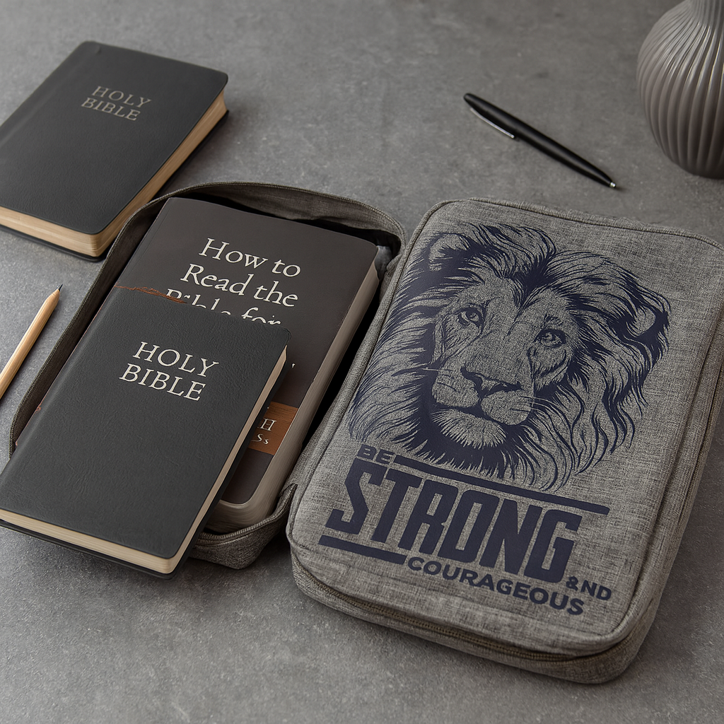 Be Strong & Courageous Lion Bible Cover – Durable Grey Poly-Canvas with Handle | Joshua 1:9 Bible Bag South Africa