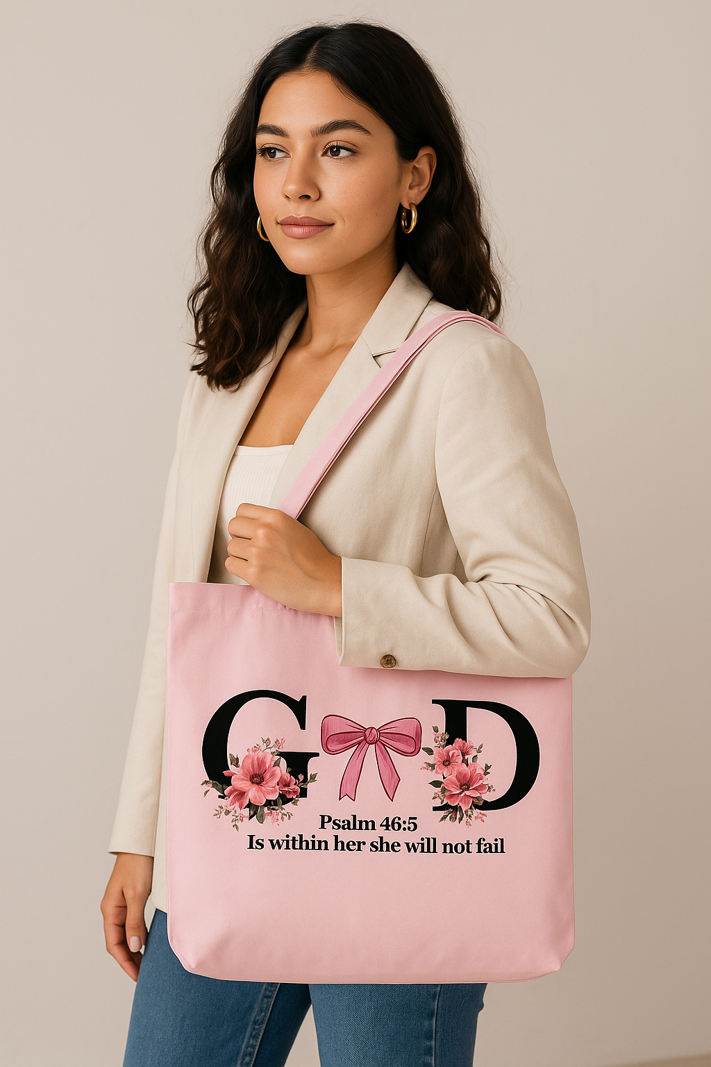Pink “God Is Within Her” Tote Bag – Psalm 46:5 Scripture Print | Custom Faith Bag