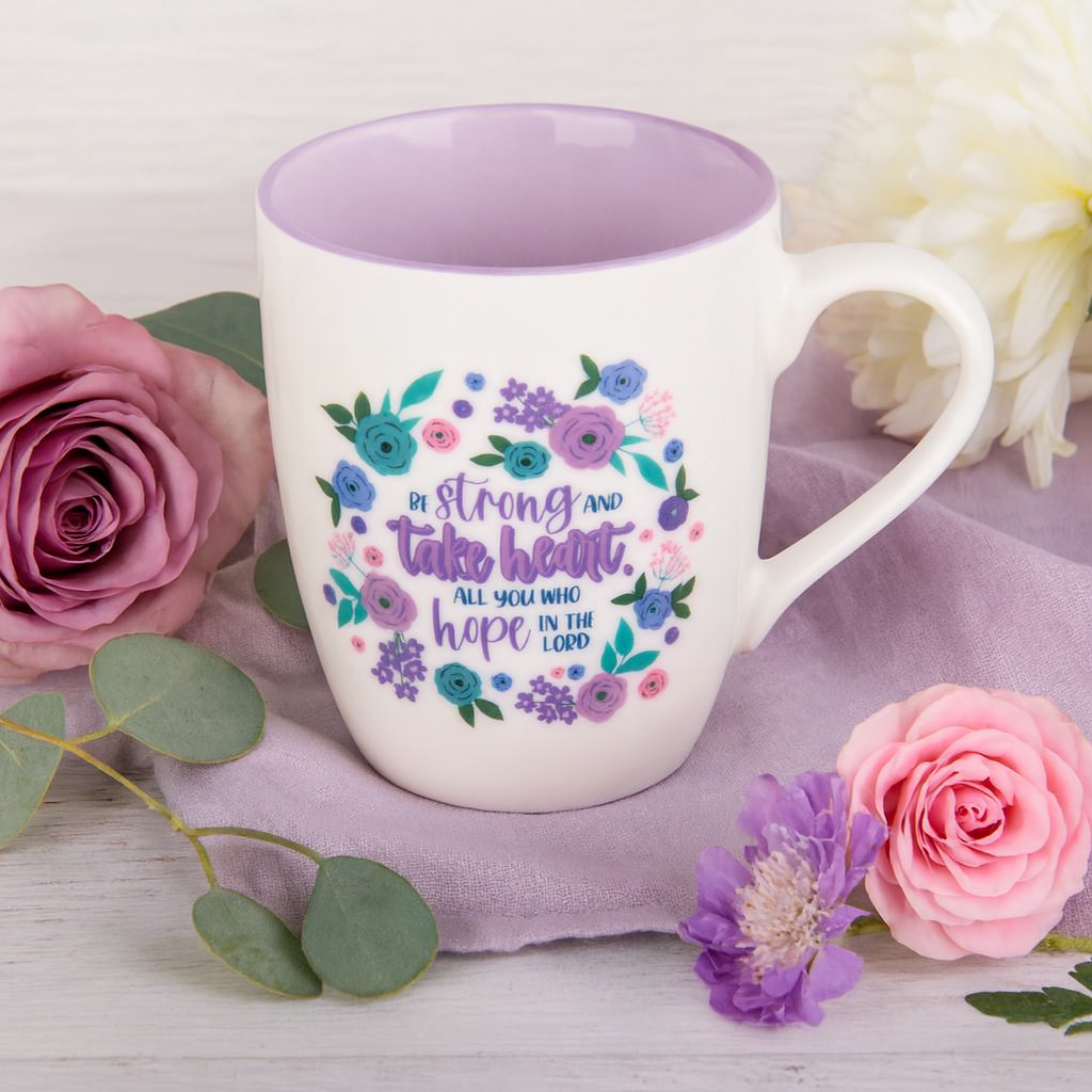 Be Strong and Take Heart Ceramic Mug – 355ml Coffee Cup with Lilac Interior | Psalm 31:24 Christian Gift South Africa