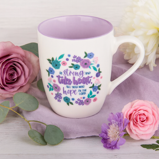 Be Strong and Take Heart Ceramic Mug – 355ml Coffee Cup with Lilac Interior | Psalm 31:24 Christian Gift South Africa