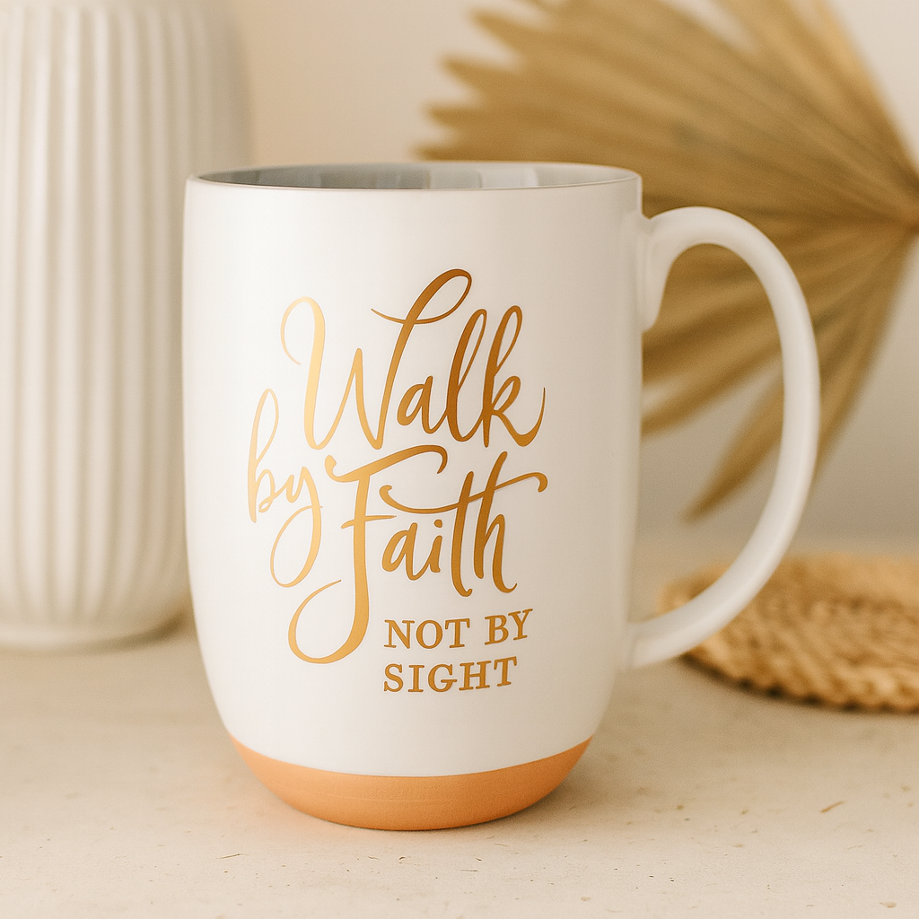 Walk By Faith Not By Sight White Ceramic Mug – 444ml Coffee Cup with Gold Foil | 2 Corinthians 5:7 Gift South Africa