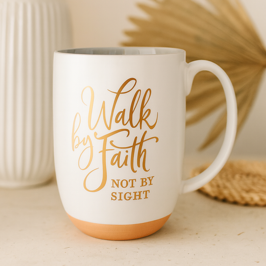 Walk By Faith Not By Sight White Ceramic Mug – 444ml Coffee Cup with Gold Foil | 2 Corinthians 5:7 Gift South Africa