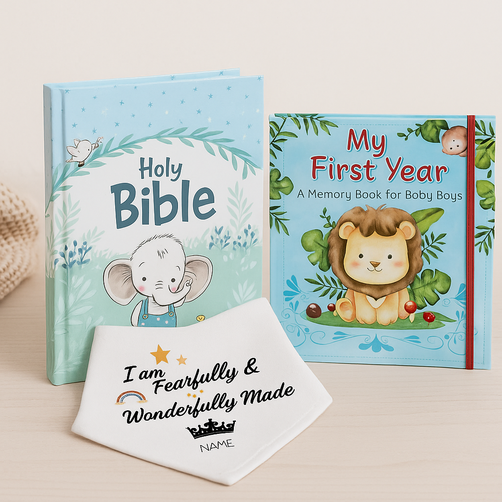 Baby Boy Gift Bundle South Africa – NLT Baby Bible, First Year Memory Book & Bandana Bib