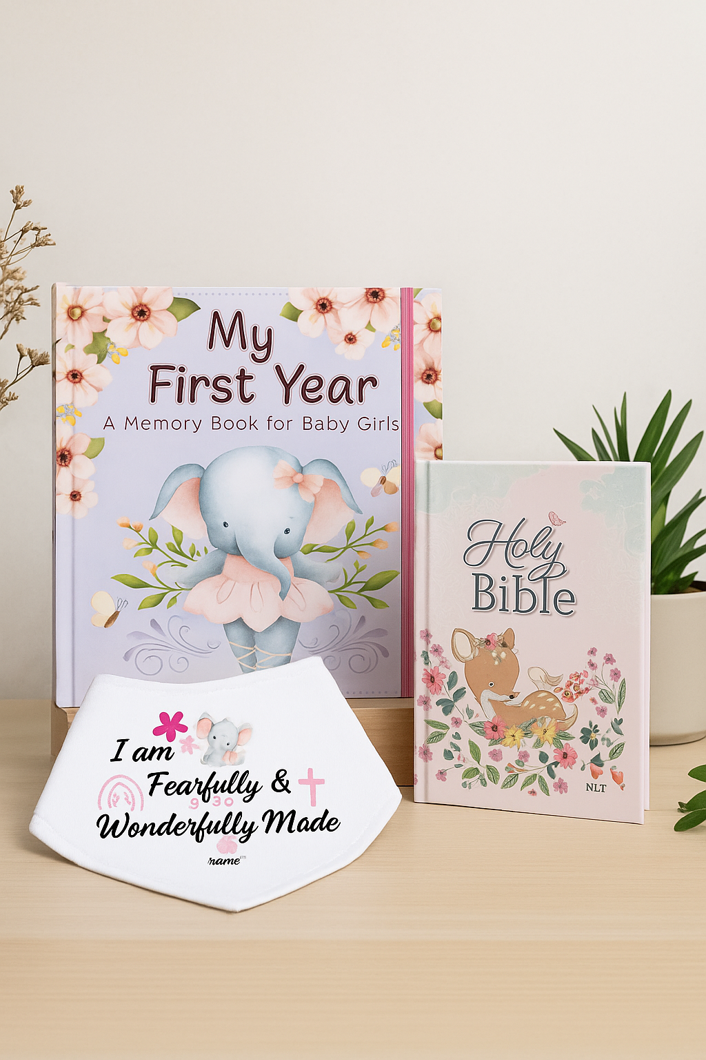 Baby Girl Gift Bundle South Africa – First Year Memory Book, NLT Baby Bible & Bandana Bib