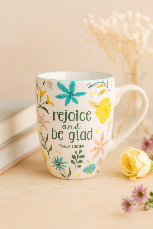 Rejoice and Be Glad Ceramic Mug – 355ml Coffee Cup with Floral Design | Psalm 128:24 Christian Gift South Africa