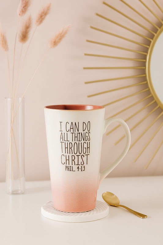 I Can Do All Things Through Christ Pink & White Ombre Ceramic Mug – 503ml Coffee Cup | Philippians 4:13 Gift South Africa