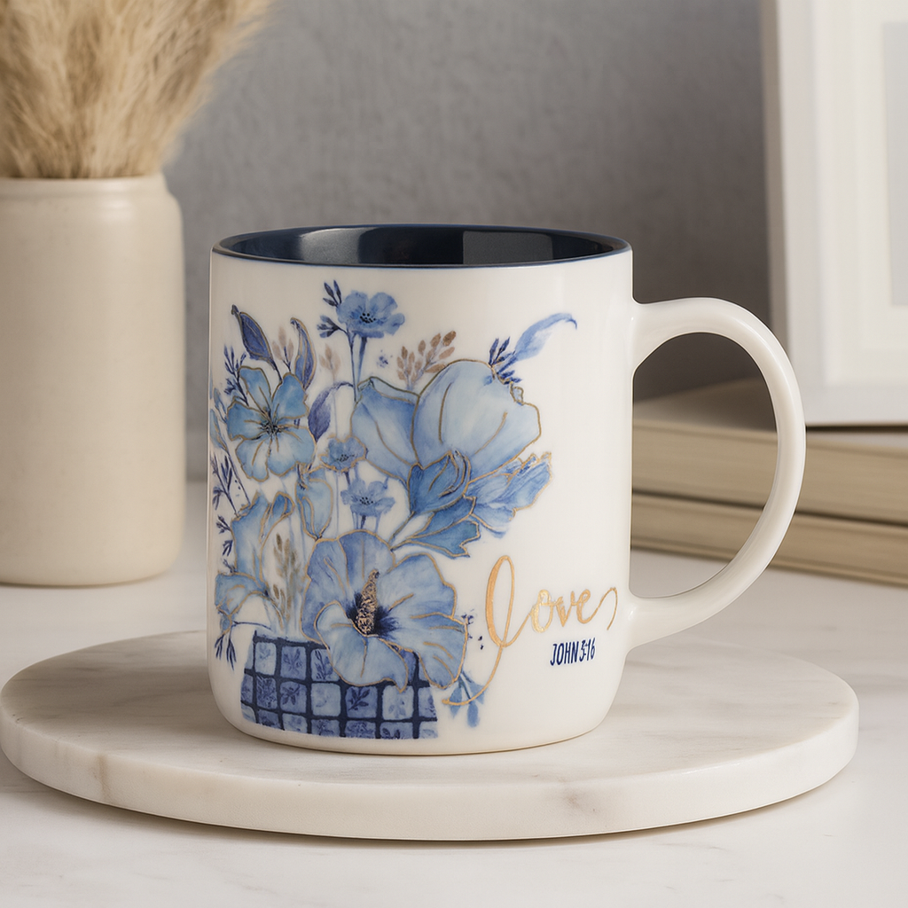 Love Floral Ceramic Mug with Gold Foil & Navy Interior – 414ml Christian Mug | John 3:16 Gift South Africa