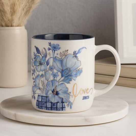 Love Floral Ceramic Mug with Gold Foil & Navy Interior – 414ml Christian Mug | John 3:16 Gift South Africa