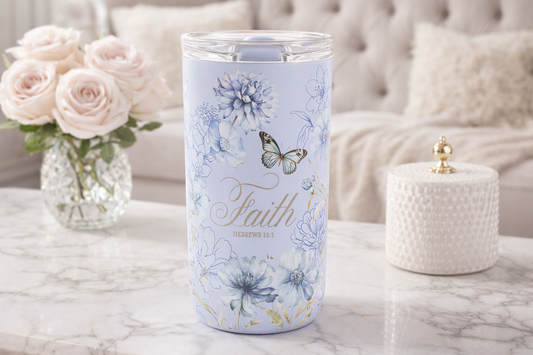 Mother’s Day Gift – Faith Stainless Steel Travel Mug | Hebrews 11:1 Blue Butterfly Mug (473ml)