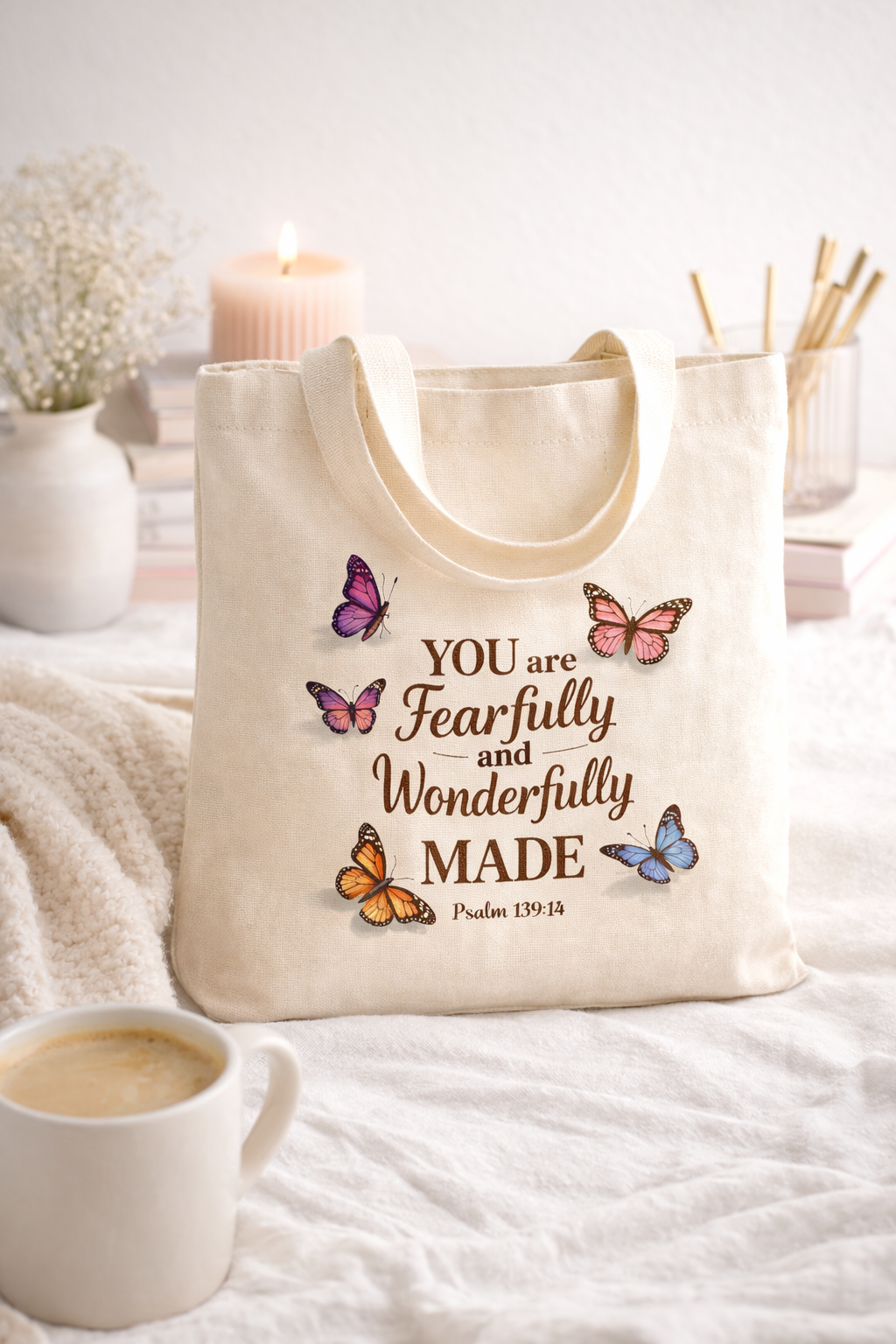 Christian Tote Bag – Fearfully & Wonderfully Made (Psalm 139:14) | Durable Sublimation Print Gift for Women