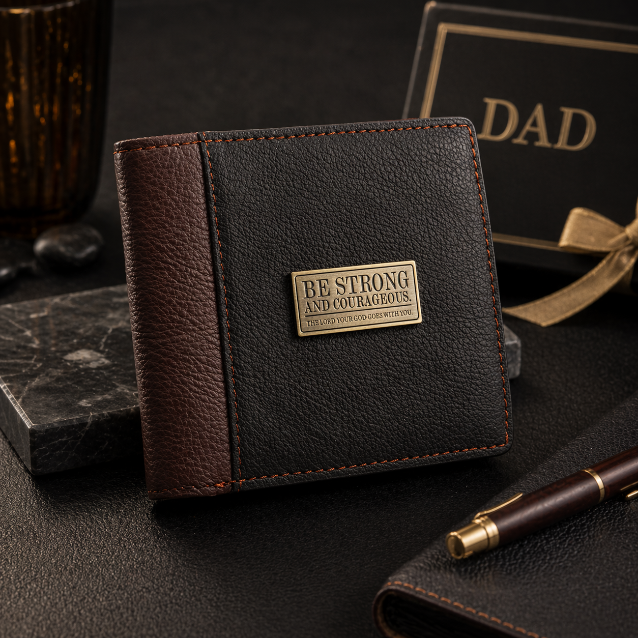 Leather Be strong & Courageous Wallet  Father’s Day Leather Wallet Gift Set | Be Strong & Courageous Christian Wallet for Men