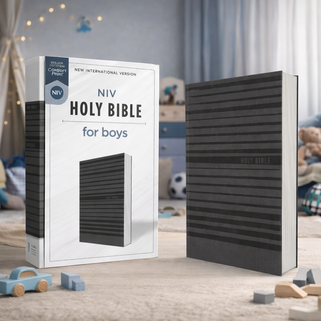 The NIV Holy Bible for Boys – Soft Touch Edition features a flexible charcoal grey cover, clear Comfort Print® text, and helpful faith tools. A durable, modern Bible designed for kids and young readers.