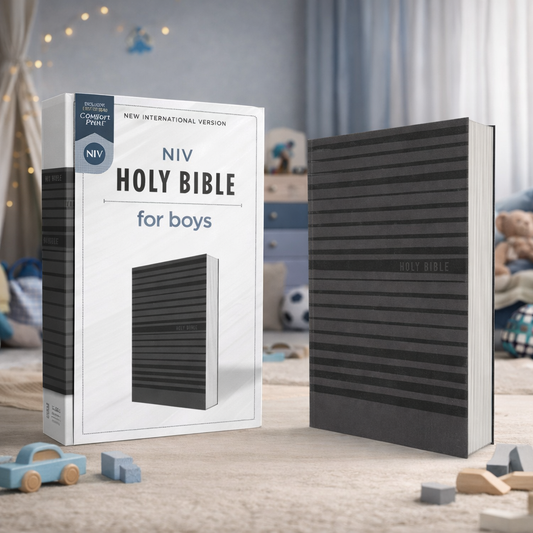 The NIV Holy Bible for Boys – Soft Touch Edition features a flexible charcoal grey cover, clear Comfort Print® text, and helpful faith tools. A durable, modern Bible designed for kids and young readers.