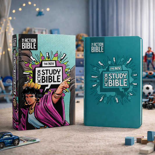 The NIV Action Study Bible for Kids features comic-style illustrations, interactive study tools, and easy-to-read text. Designed for ages 8–12, this teal imitation leather Bible makes Scripture exciting and meaningful.