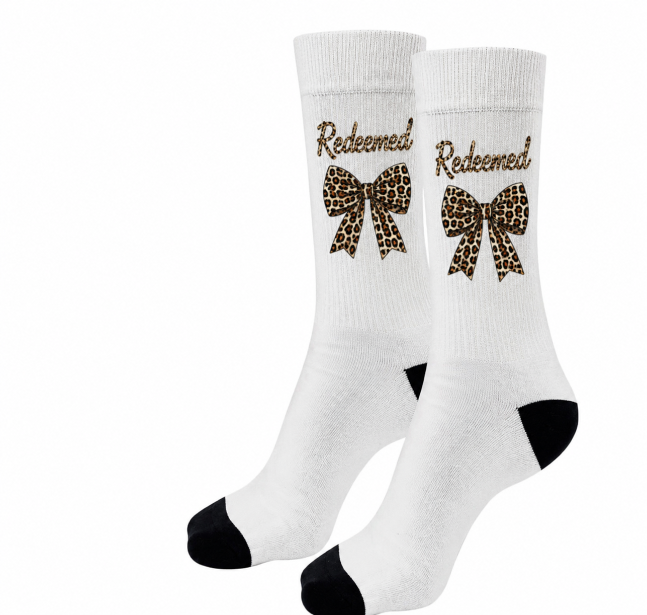 Redeemed Leopard Bow Christian Crew Socks – Custom Sublimated Socks for Women
