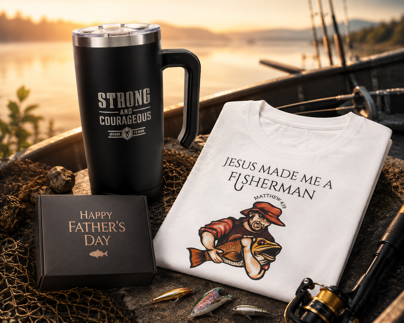 Father’s Day Christian Gift Bundle | Fisherman Faith T-Shirt & Insulated Travel Mug