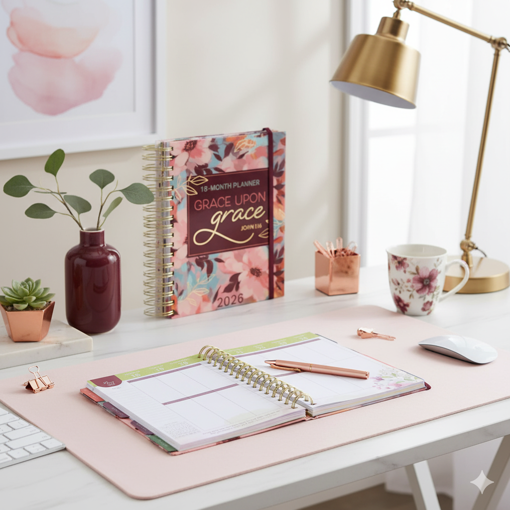 2026 Grace Upon Grace Weekly Planner – 18-Month Scripture & Inspirational Diary with Tabs, Pockets & Stickers (Aug 2025 – Jan 2027)