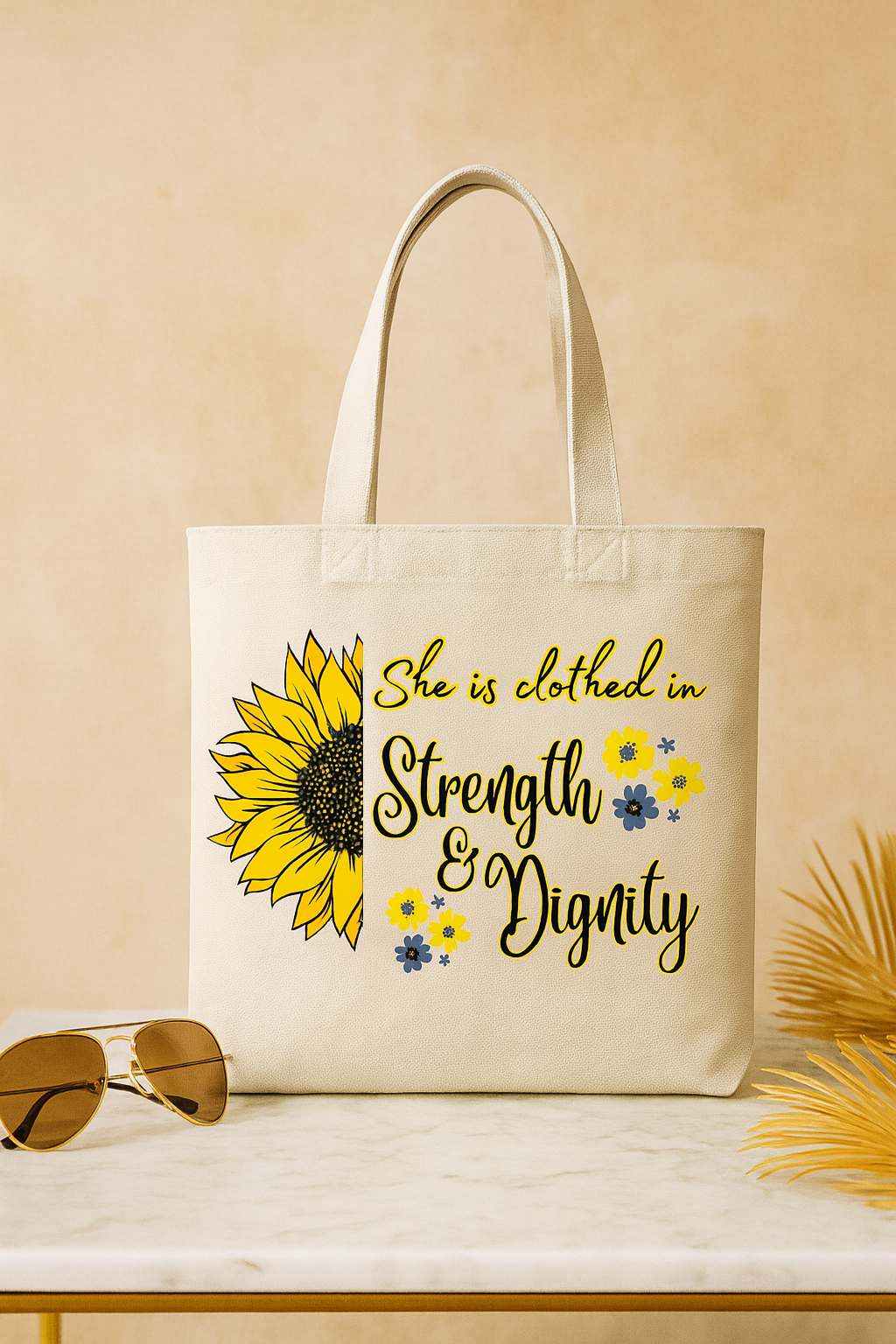 Christian Sunflower Tote Bag – “She Is Clothed in Strength & Dignity” | Grace Upon Grace by Celine South Africa