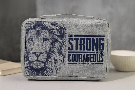 Be Strong & Courageous Lion Bible Cover – Durable Grey Poly-Canvas with Handle | Joshua 1:9 Bible Bag South Africa