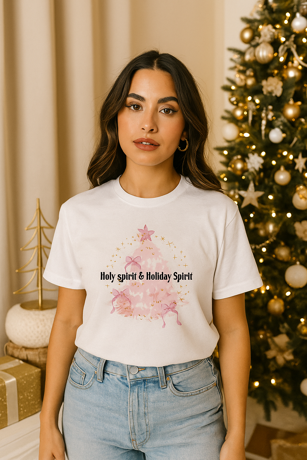 Holy Spirit & Holiday Spirit Pink Christmas Tree T-Shirt – Polyester Spandex Blend (S-XXL)