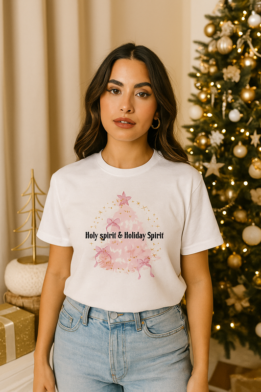 Holy Spirit & Holiday Spirit Pink Christmas Tree T-Shirt – Polyester Spandex Blend (S-XXL)