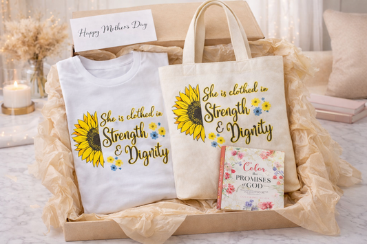 Bloom in Strength Bundle | Christian Tote, T-Shirt & Coloring Book Gift Set
