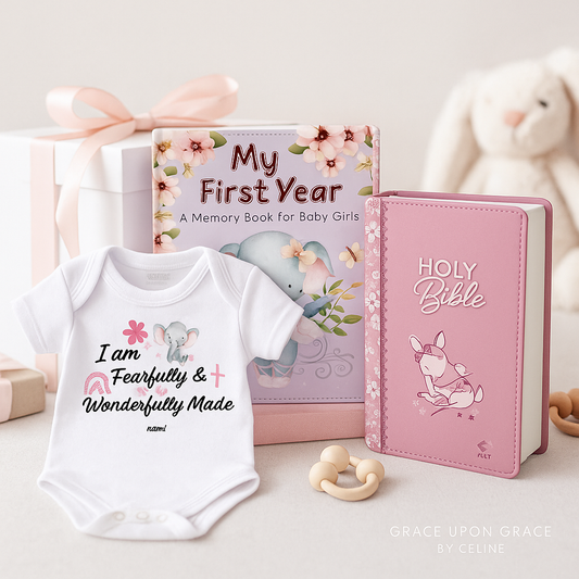 Baby Girl Christian Gift Bundle South Africa – NLT Baby Bible, First Year Memory Book & Romper