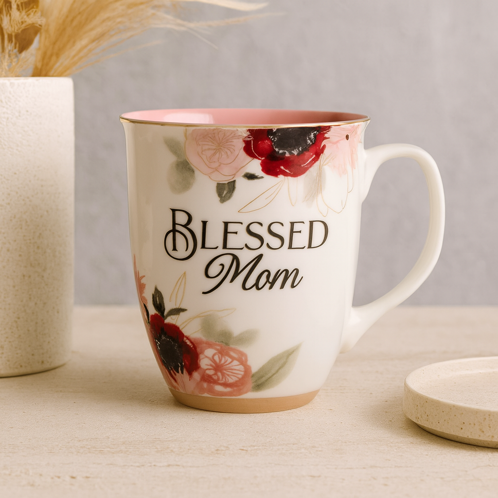 Blessed Mom Pink Floral Ceramic Mug – 414ml Coffee Cup with Gold Foil & Pink Interior | Mother’s Day Gift South Africa
