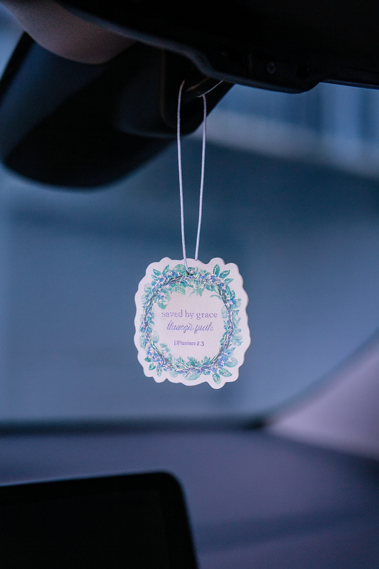 Saved by Grace Through Faith Car Air Freshener – Sea Breeze Scent | Christian Hydrangea Collection