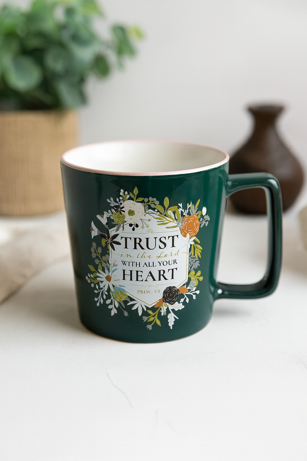 Trust in the Lord Black Ceramic Mug with Pink Rim – 384ml Coffee Cup | Proverbs 3:5 Christian Gift South Africa