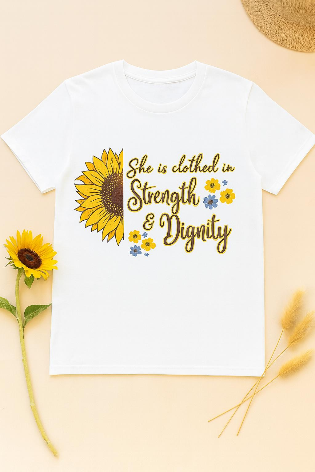 Christian Women’s Sunflower T-Shirt – Proverbs 31:25 Strength & Dignity Tee (South Africa)