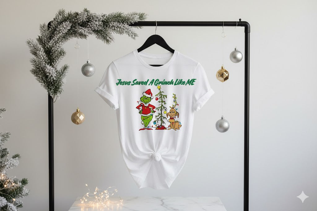 “Jesus Saved a Grinch Like Me Christmas T-Shirt – Soft Poly Spandex Blend | Unisex Men & Women | Festive Christian Tee SA”