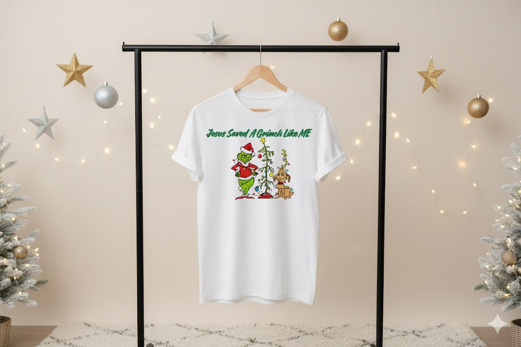 “Jesus Saved a Grinch Like Me Christmas T-Shirt – Soft Poly Spandex Blend | Unisex Men & Women | Festive Christian Tee SA”