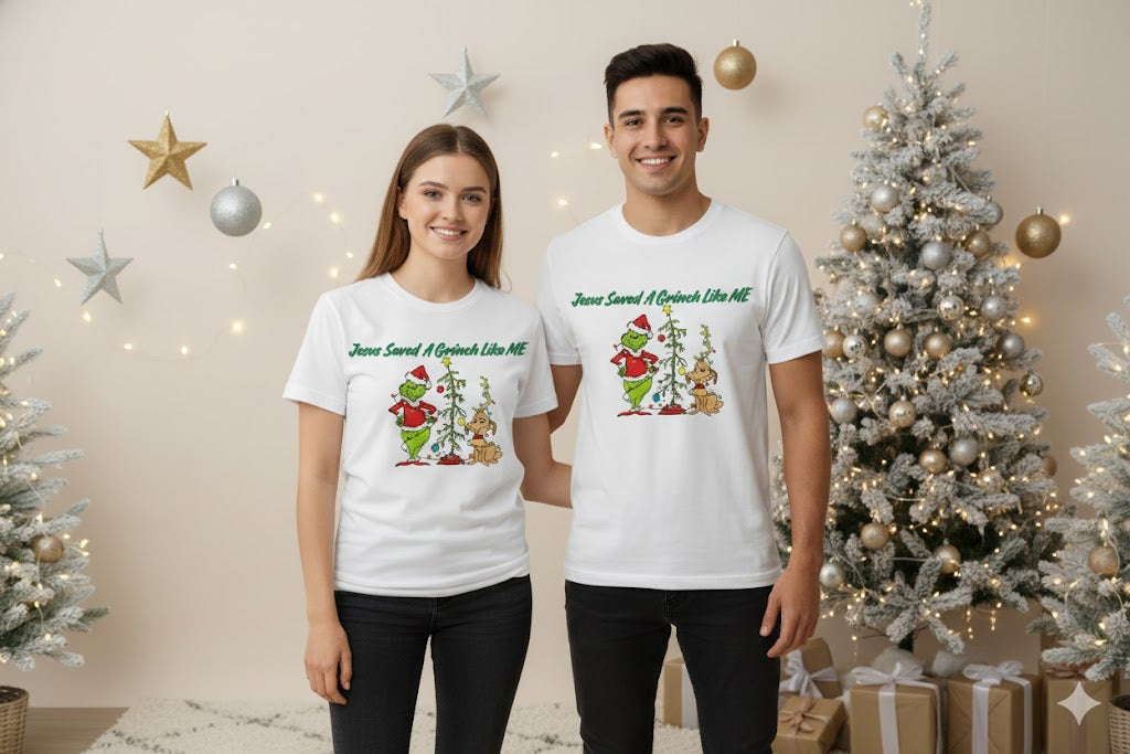 “Jesus Saved a Grinch Like Me Christmas T-Shirt – Soft Poly Spandex Blend | Unisex Men & Women | Festive Christian Tee SA”